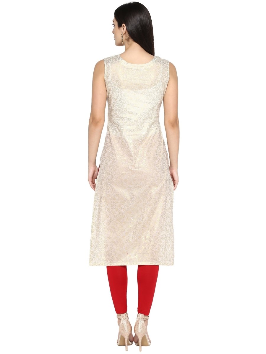 Ahalyaa Off White & Red Metallic Printed Straight Cotton Blend Kurta