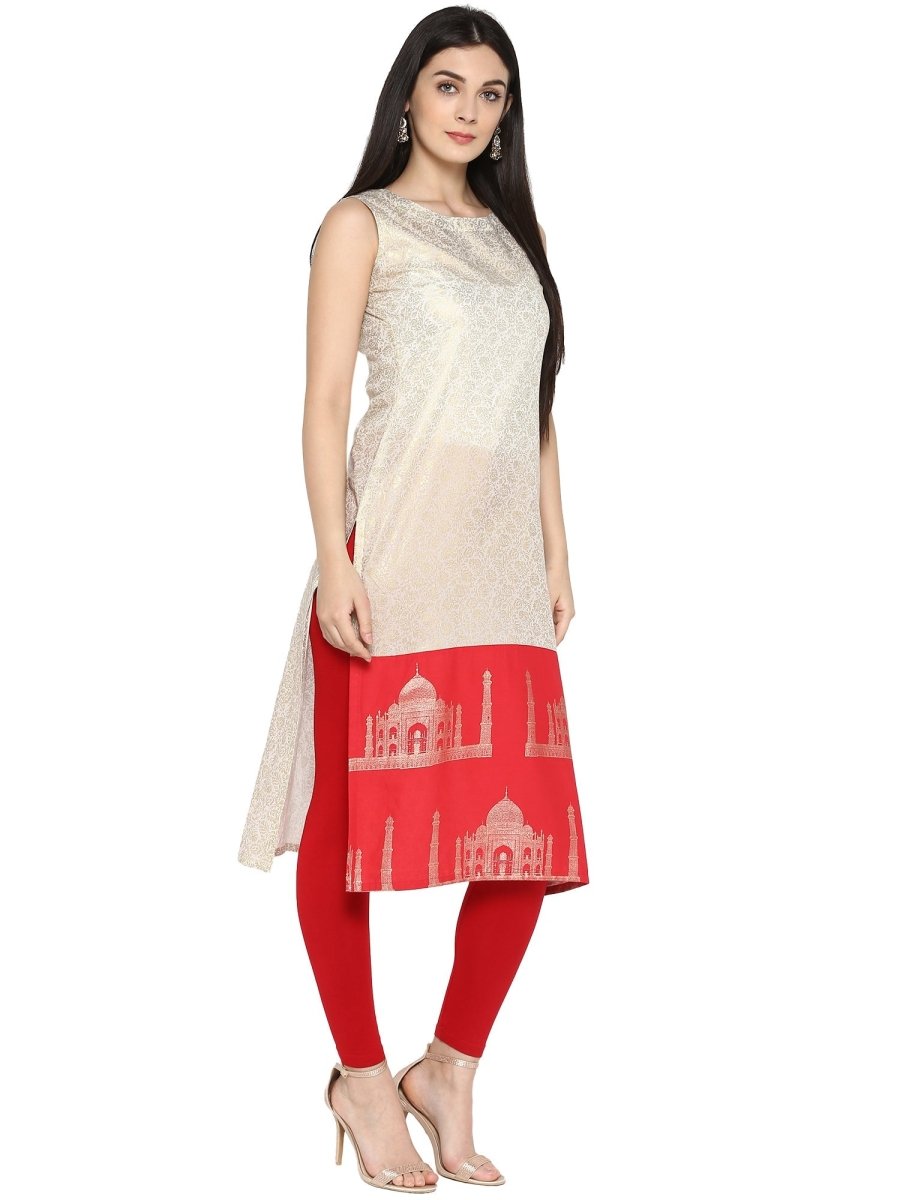 Ahalyaa Off White & Red Metallic Printed Straight Cotton Blend Kurta