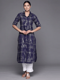 Ahalyaa Women Navy Blue & Silver Printed Pathani Kurta