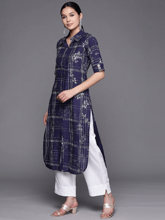 Ahalyaa Women Navy Blue & Silver Printed Pathani Kurta