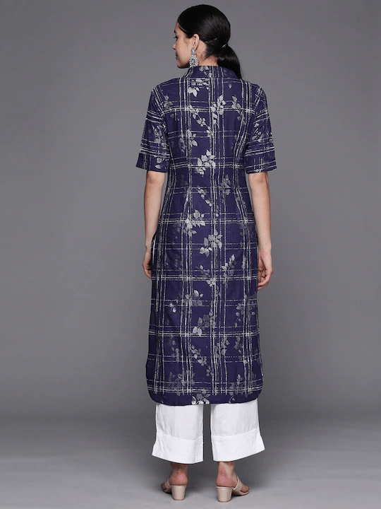 Ahalyaa Women Navy Blue & Silver Printed Pathani Kurta