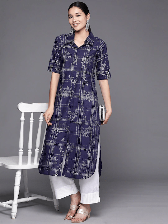 Ahalyaa Women Navy Blue & Silver Printed Pathani Kurta