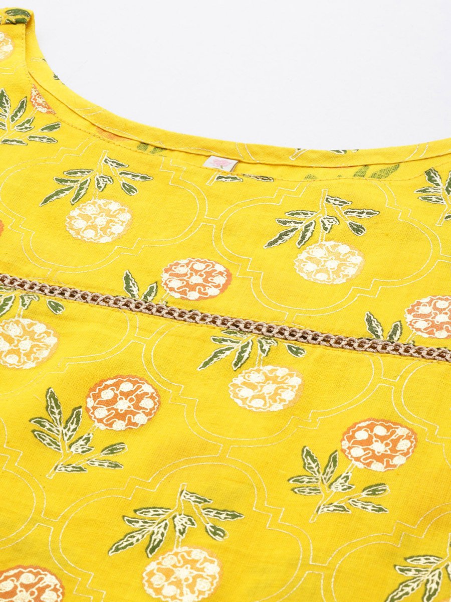 Ahalyaa Floral Printed Zari Bell Sleeves Pure Cotton Kurta