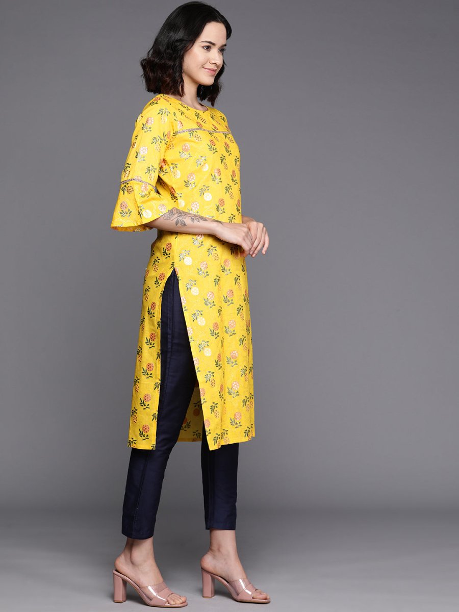 Ahalyaa Floral Printed Zari Bell Sleeves Pure Cotton Kurta