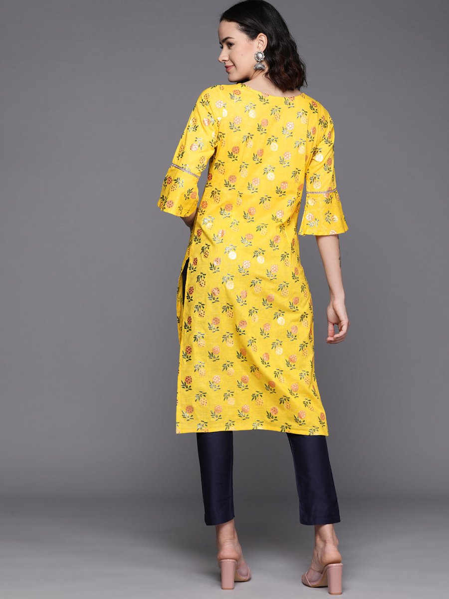 Ahalyaa Floral Printed Zari Bell Sleeves Pure Cotton Kurta