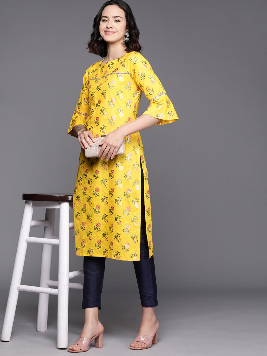 Ahalyaa Floral Printed Zari Bell Sleeves Pure Cotton Kurta