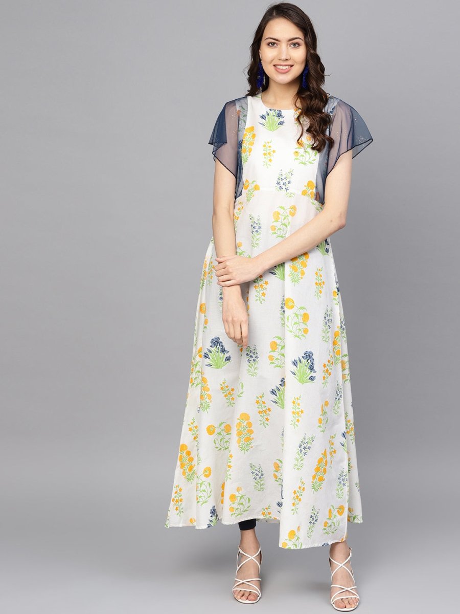 Ahalyaa Women White & Yellow Printed A-Line Beautiful Kurta