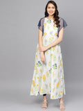 Ahalyaa Women White & Yellow Printed A-Line Beautiful Kurta