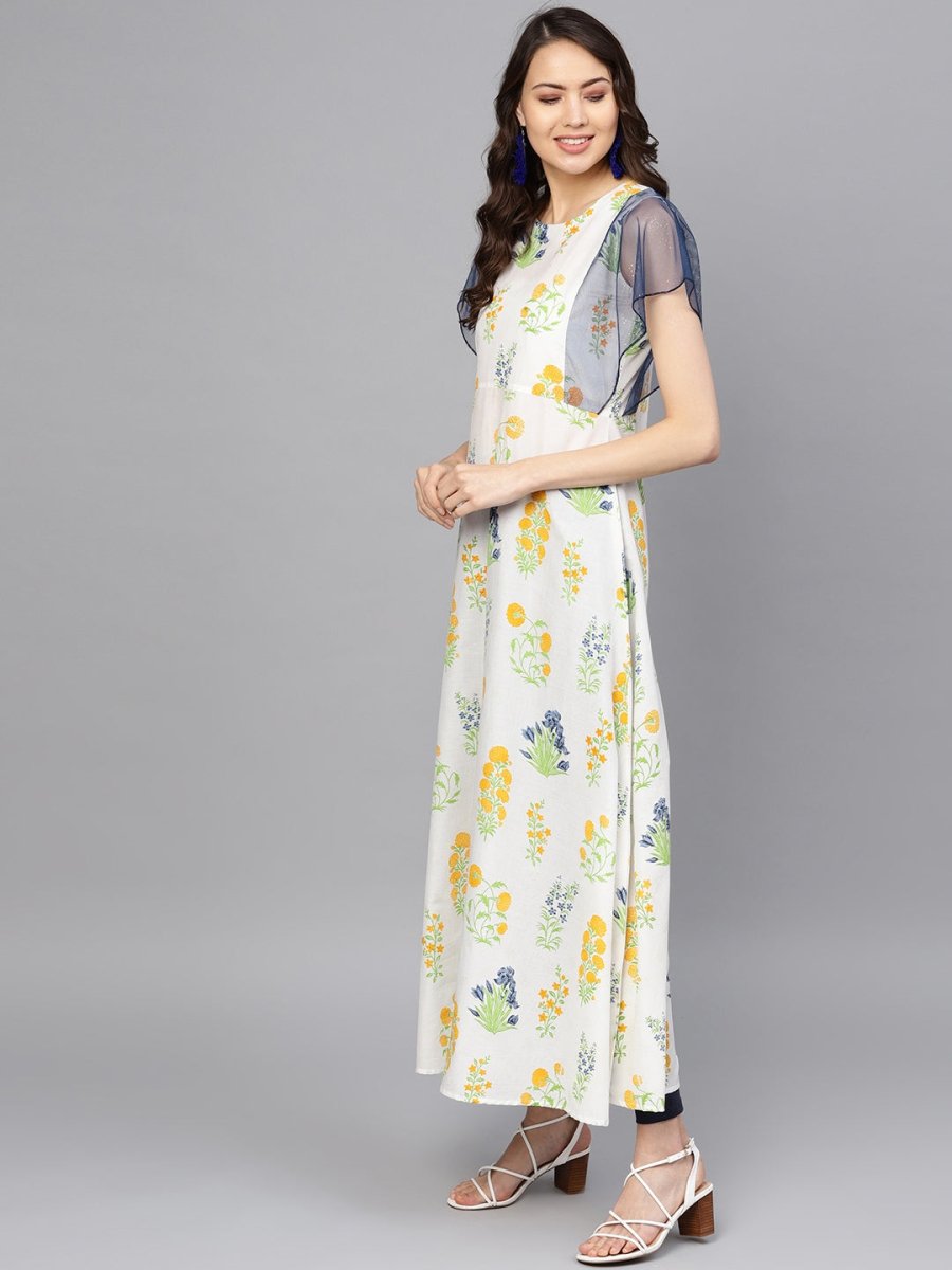 Ahalyaa Women White & Yellow Printed A-Line Beautiful Kurta