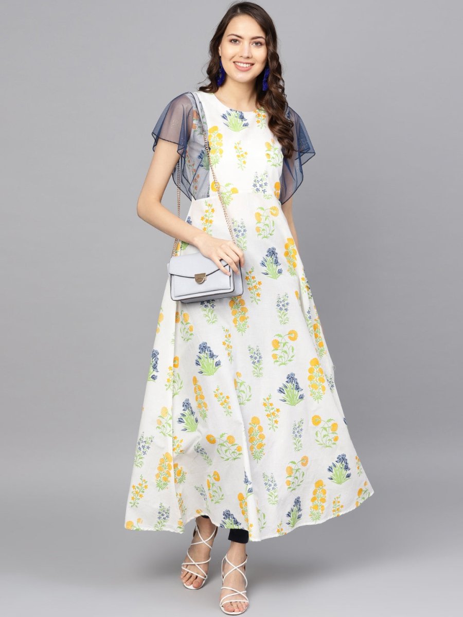 Ahalyaa Women White & Yellow Printed A-Line Beautiful Kurta