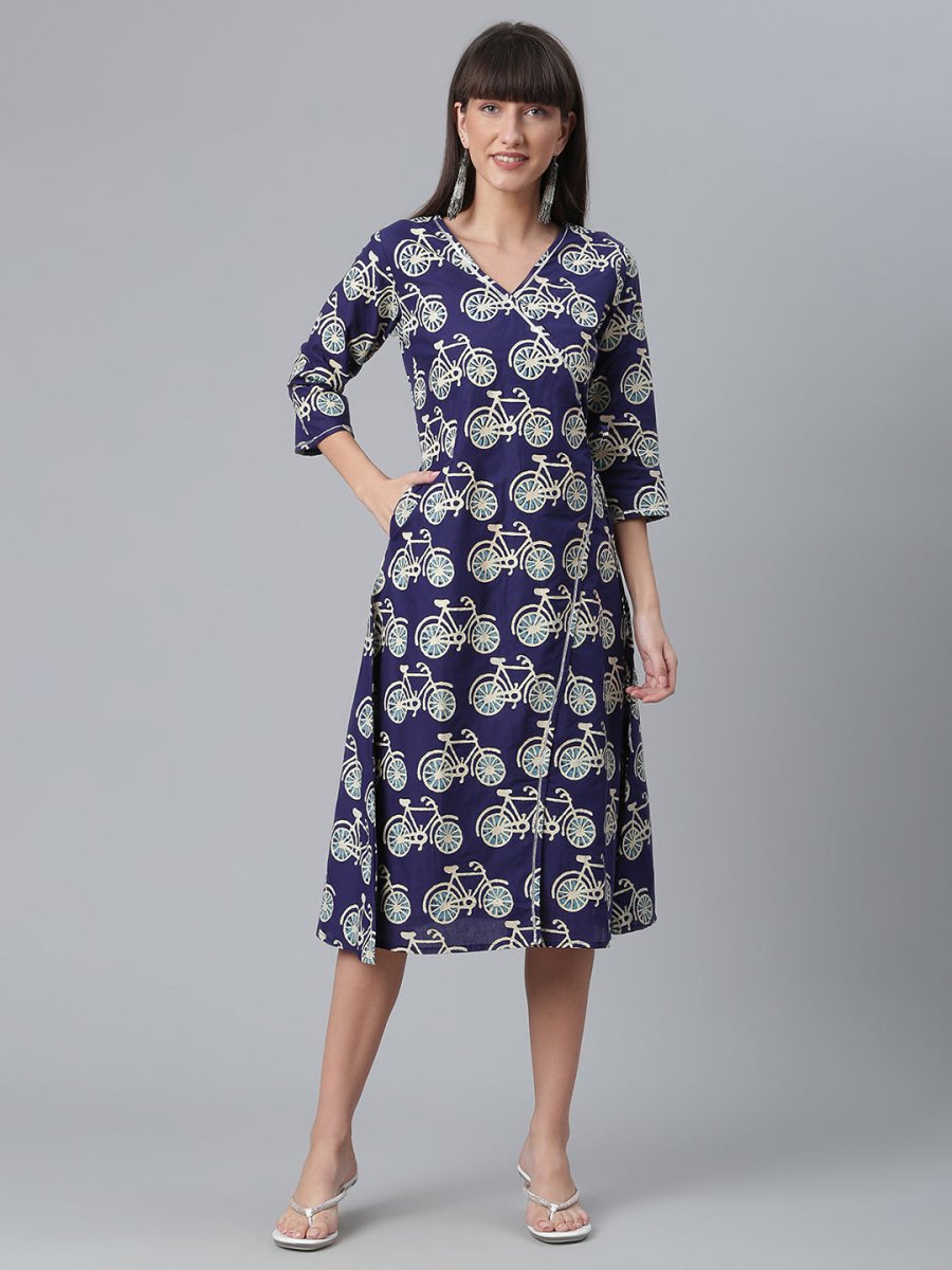 Ahalyaa Women Navy Blue & Off White Pure Cotton Printed Angrakha Beautiful Kurta
