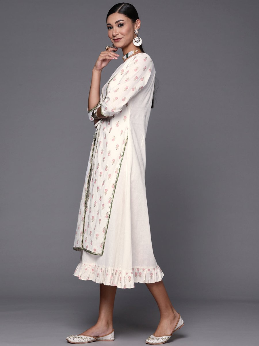 Ahalyaa Off White & Pink Floral Print A-Line Midi Dress
