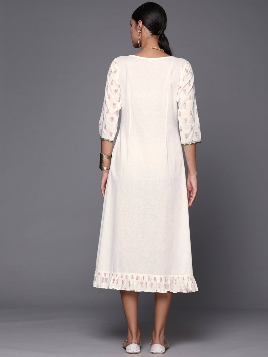 Ahalyaa Off White & Pink Floral Print A-Line Midi Dress