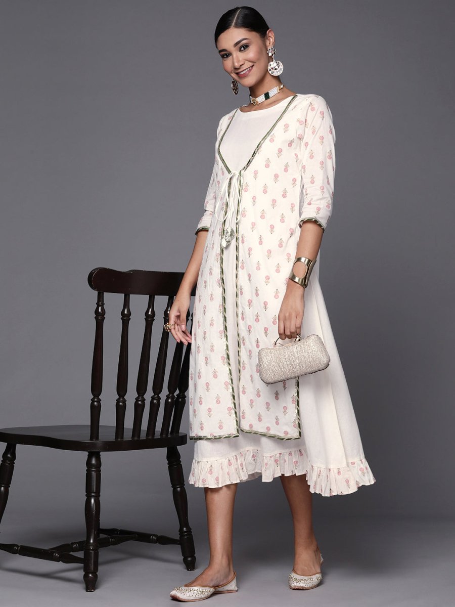 Ahalyaa Off White & Pink Floral Print A-Line Midi Dress