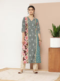Ahalyaa Women Green & Pink Floral Printed Gotta Patti Floral Crepe Kurta