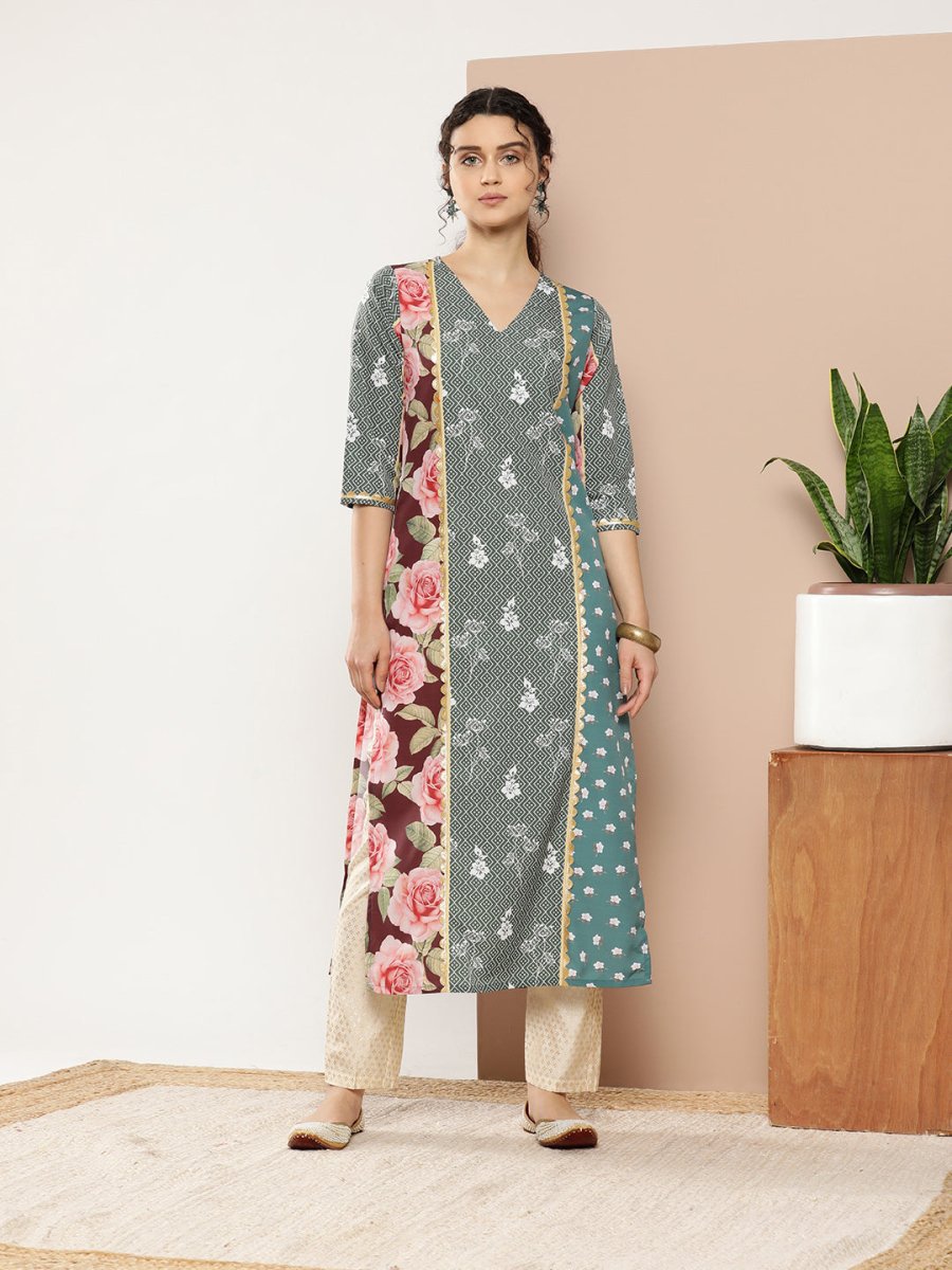 Ahalyaa Women Green & Pink Floral Printed Gotta Patti Floral Crepe Kurta