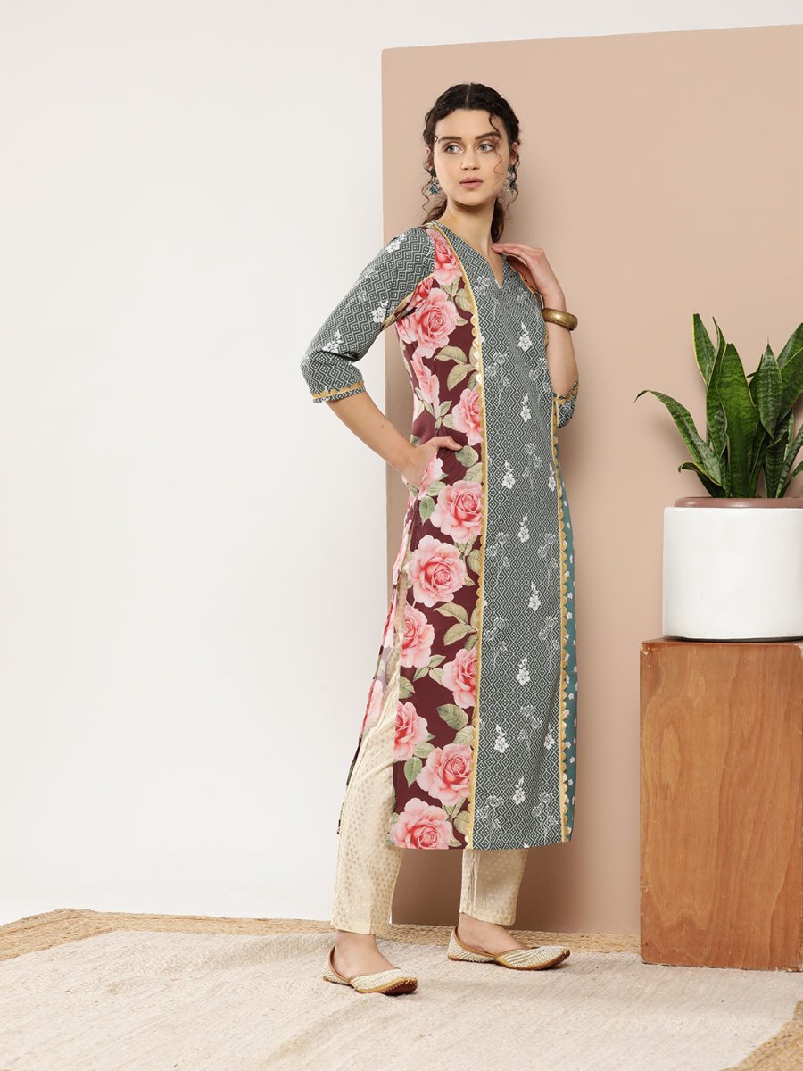 Ahalyaa Women Green & Pink Floral Printed Gotta Patti Floral Crepe Kurta