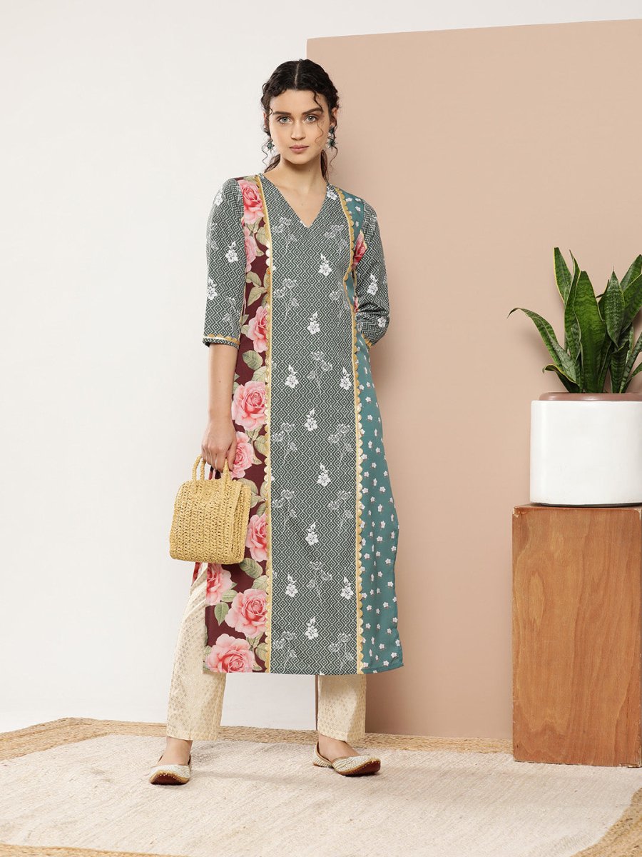 Ahalyaa Women Green & Pink Floral Printed Gotta Patti Floral Crepe Kurta