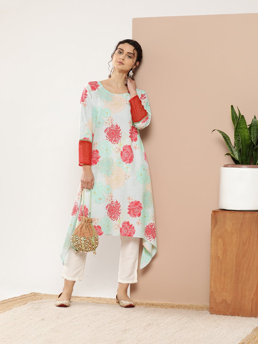 Ahalyaa Women Turquoise Blue & Red Floral Printed Gotta Patti Floral Crepe Kurta
