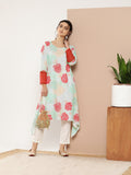 Ahalyaa Women Turquoise Blue & Red Floral Printed Gotta Patti Floral Crepe Kurta