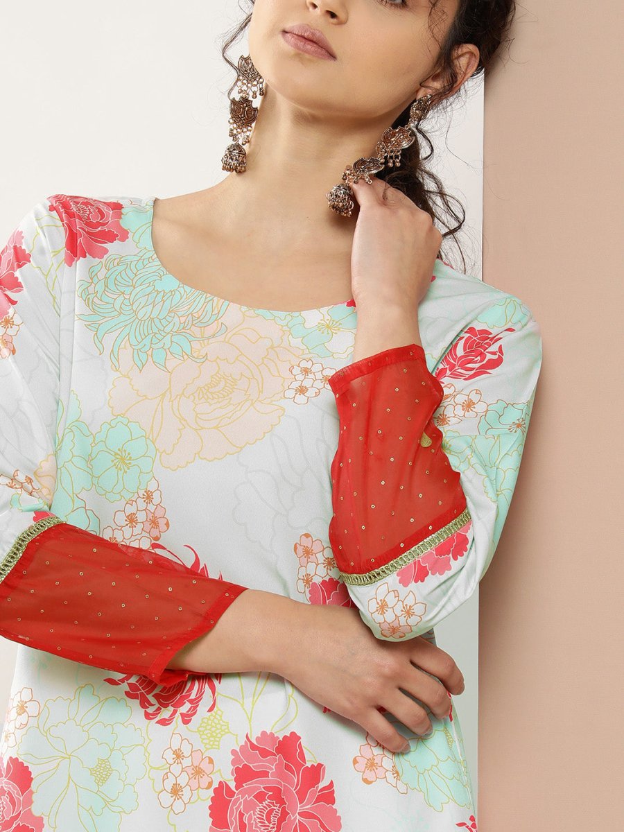 Ahalyaa Women Turquoise Blue & Red Floral Printed Gotta Patti Floral Crepe Kurta
