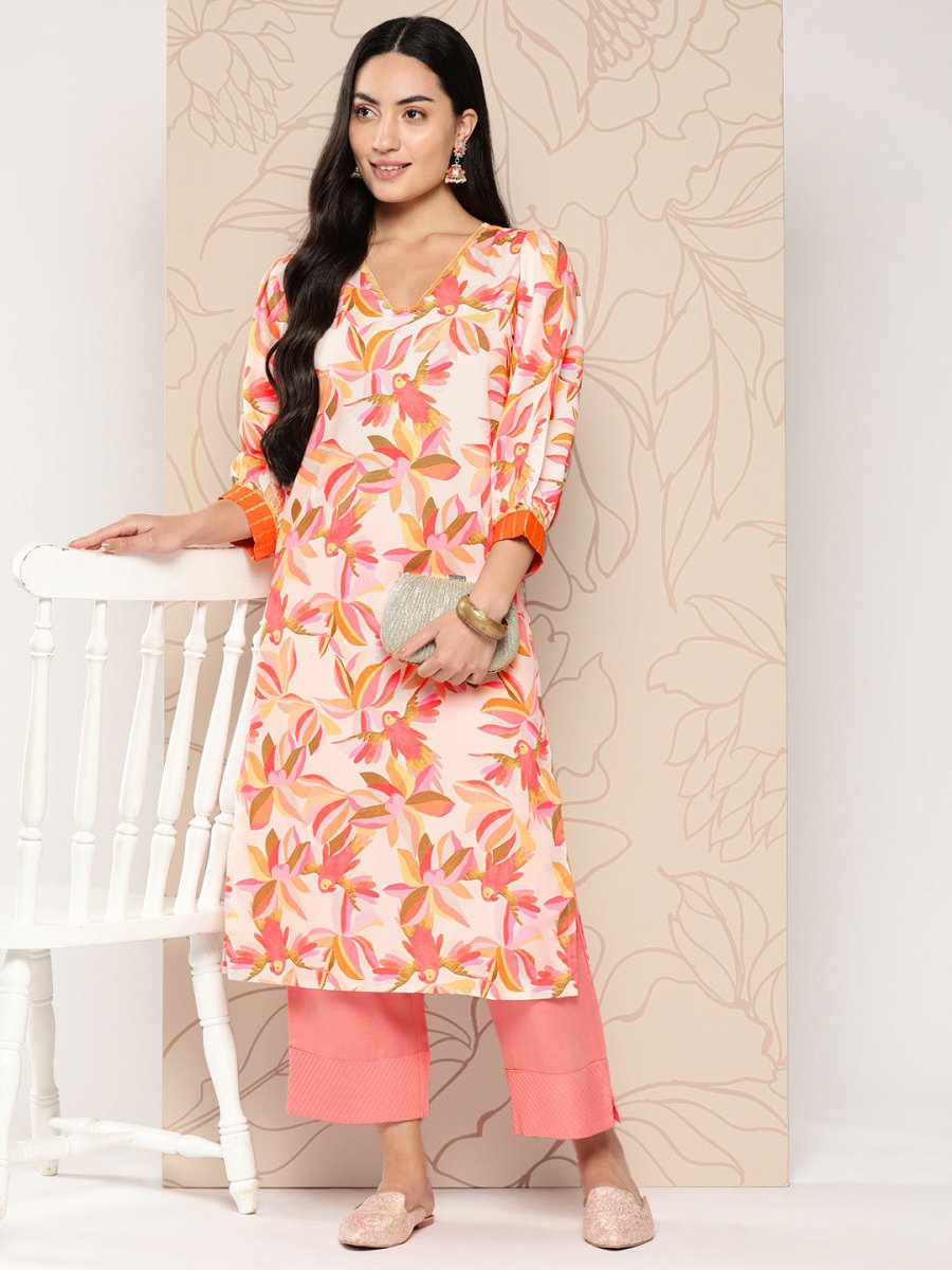 Ahalyaa Women Floral Printed Gotta Patti Crepe Kurta
