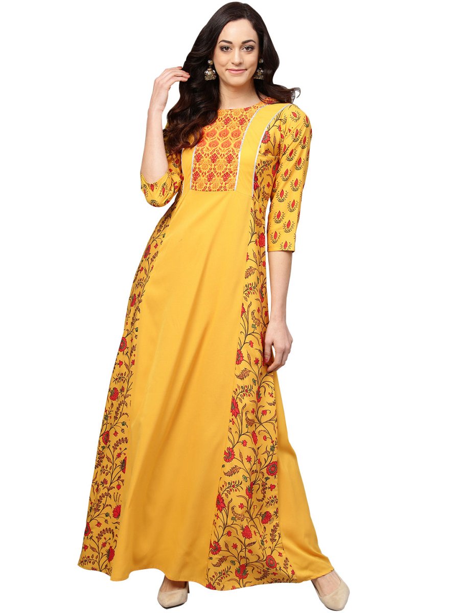 Ahalyaa Women Yellow & Orange Printed Flared Maxi Dress