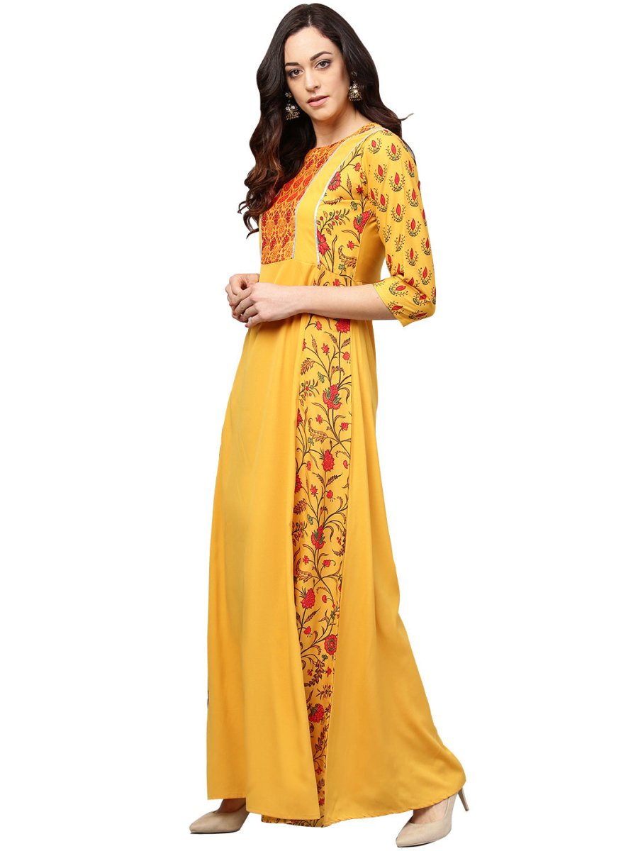 Ahalyaa Women Yellow & Orange Printed Flared Maxi Dress