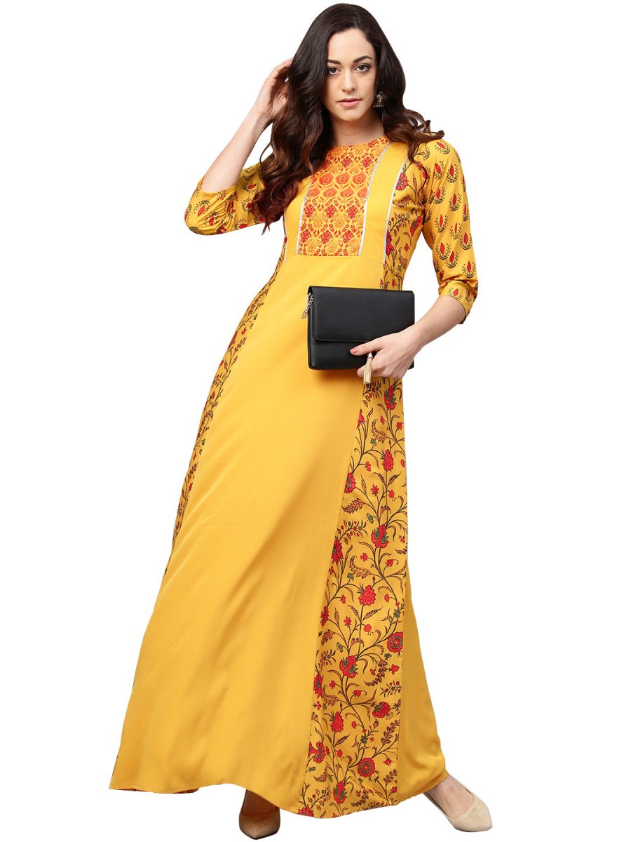 Ahalyaa Women Yellow & Orange Printed Flared Maxi Dress
