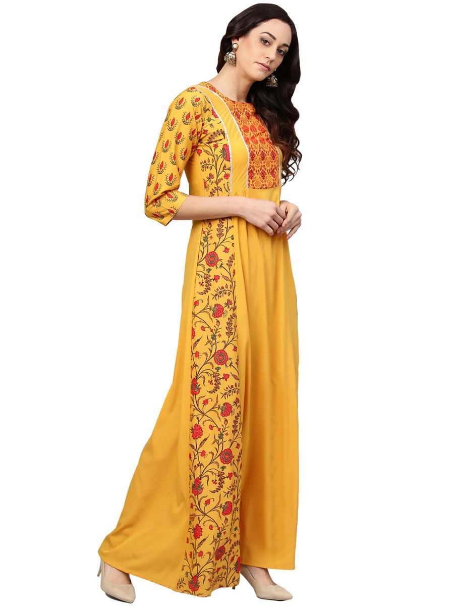 Ahalyaa Women Yellow & Orange Printed Flared Maxi Dress