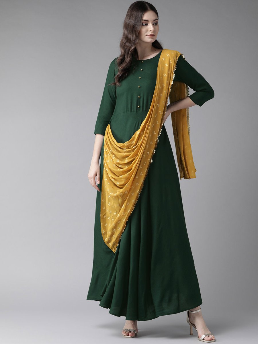 Ahalyaa Green & Mustard Yellow Solid Maxi Dress With Attached Dupatta