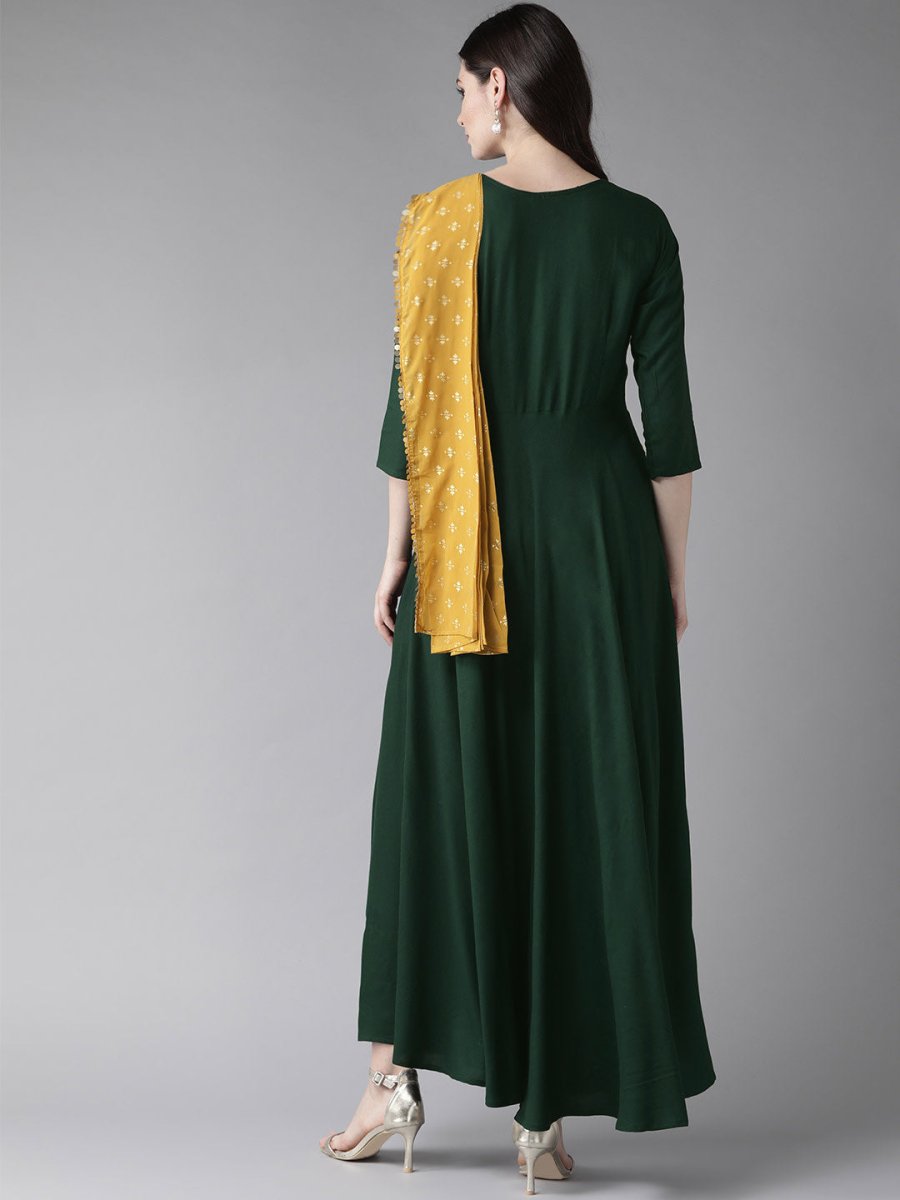 Ahalyaa Green & Mustard Yellow Solid Maxi Dress With Attached Dupatta