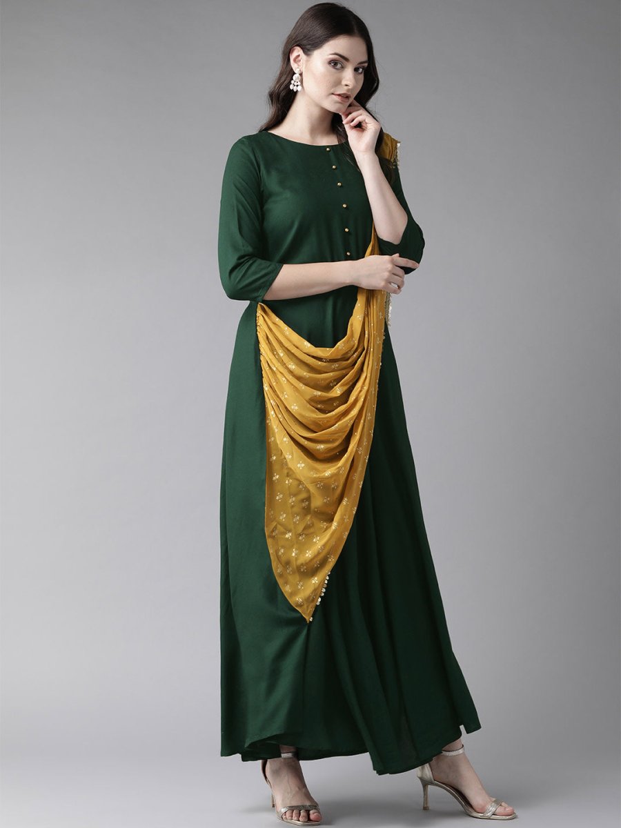 Ahalyaa Green & Mustard Yellow Solid Maxi Dress With Attached Dupatta