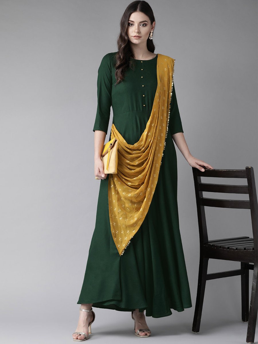Ahalyaa Green & Mustard Yellow Solid Maxi Dress With Attached Dupatta
