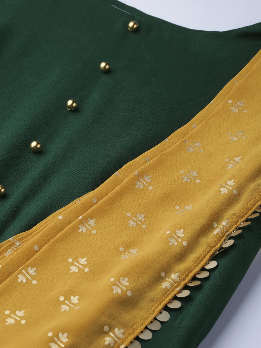 Ahalyaa Green & Mustard Yellow Solid Maxi Dress With Attached Dupatta