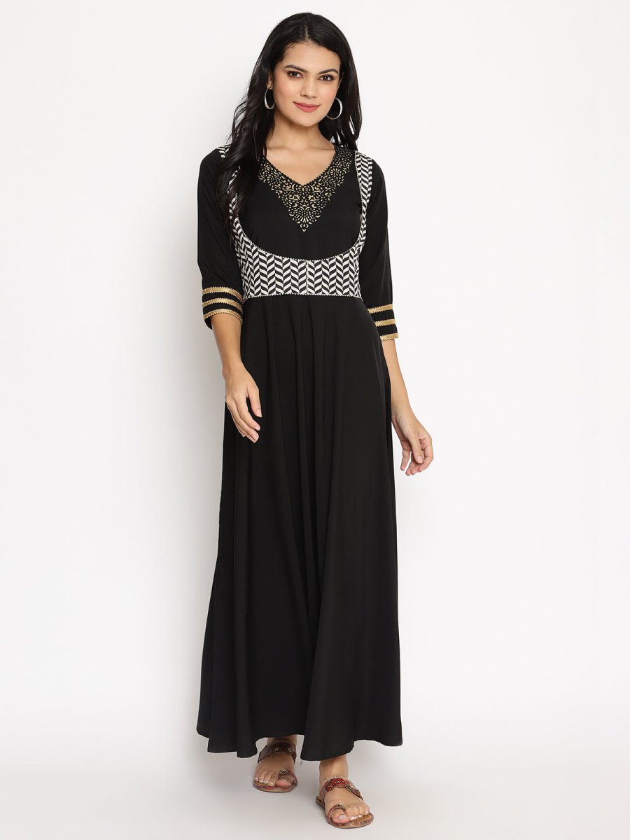 Ahalyaa Womens Black Colored Digital Print Plain Zari Kurta Set