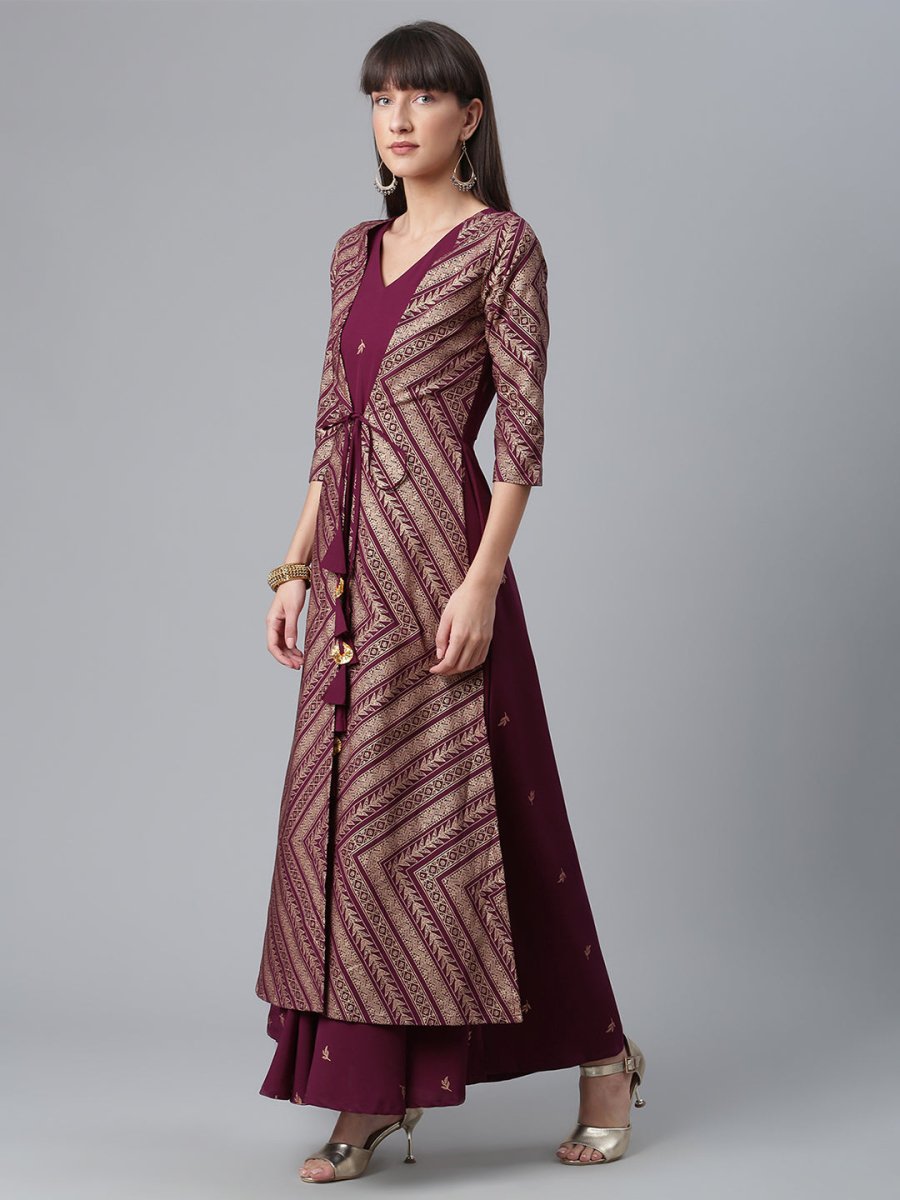 Ahalyaa Crepe Wine Glitter Print Kurta With Jacket