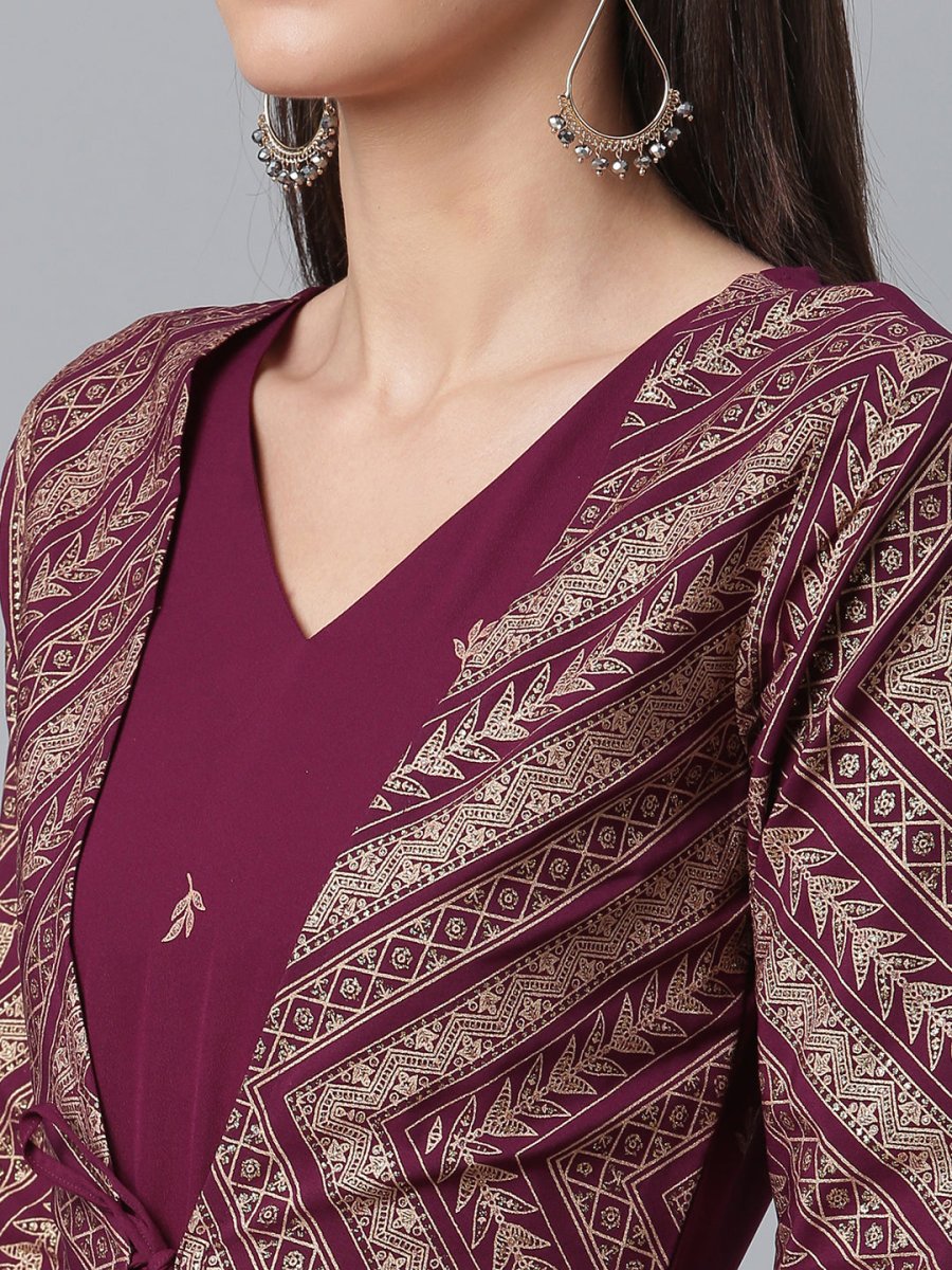 Ahalyaa Crepe Wine Glitter Print Kurta With Jacket