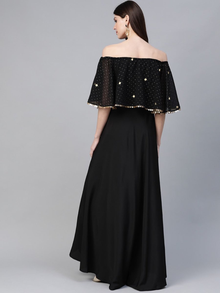 Ahalyaa Women Black & Golden Foil Printed Detail Off-Shoulder Layered Maxi Dress