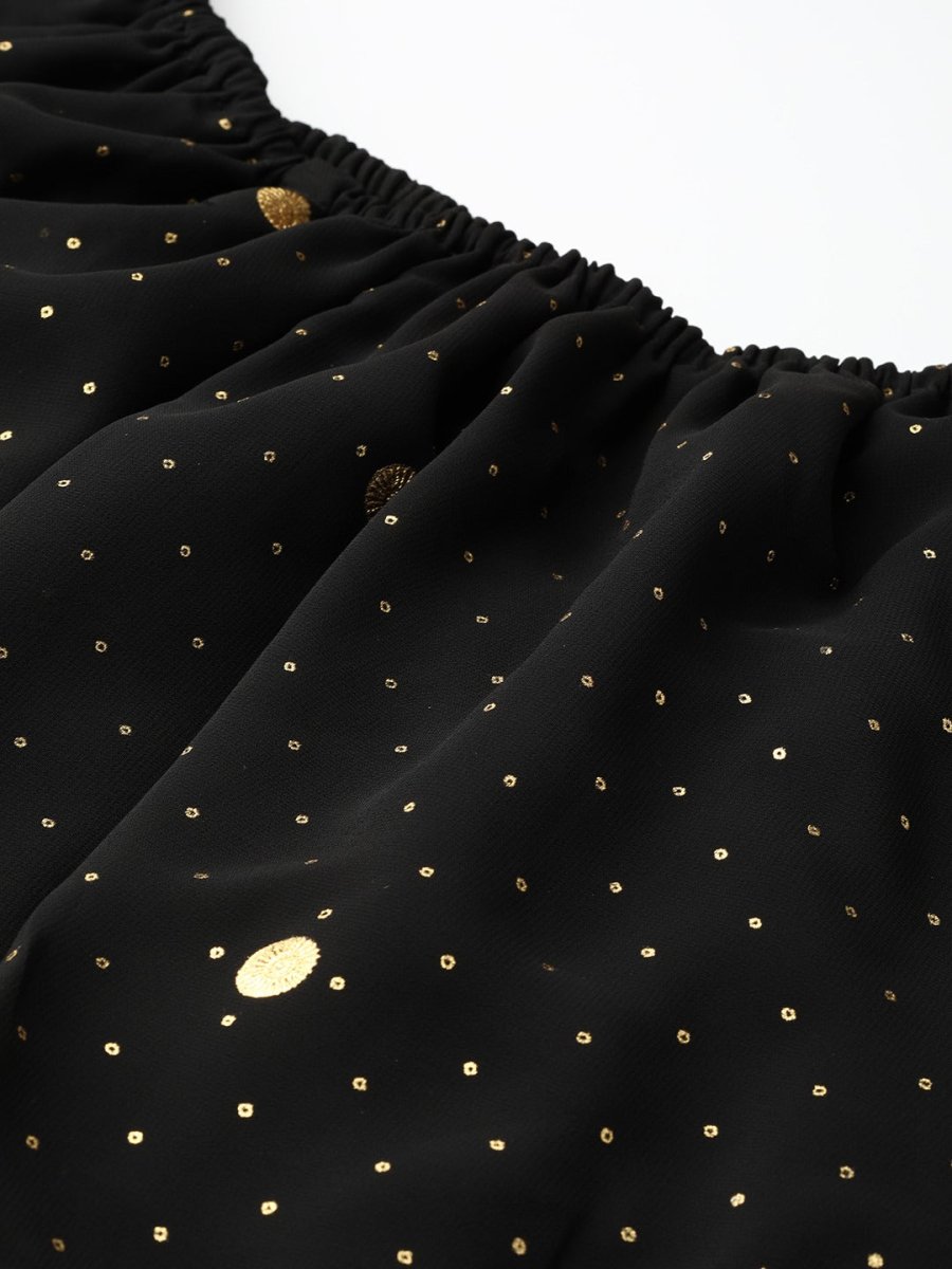 Ahalyaa Women Black & Golden Foil Printed Detail Off-Shoulder Layered Maxi Dress