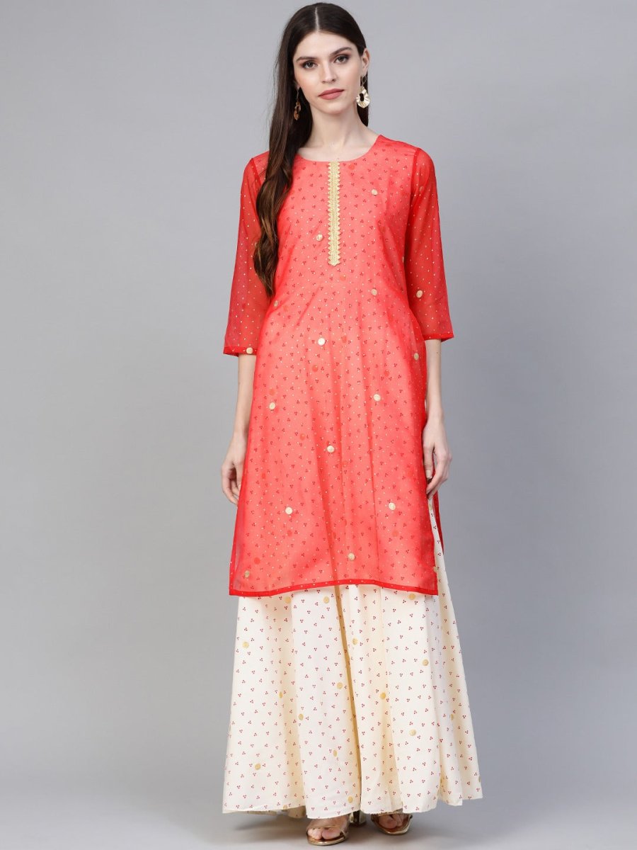 Ahalyaa Cream-Coloured & Red Bandhani Foil Printed Layered Beautiful Maxi Dress