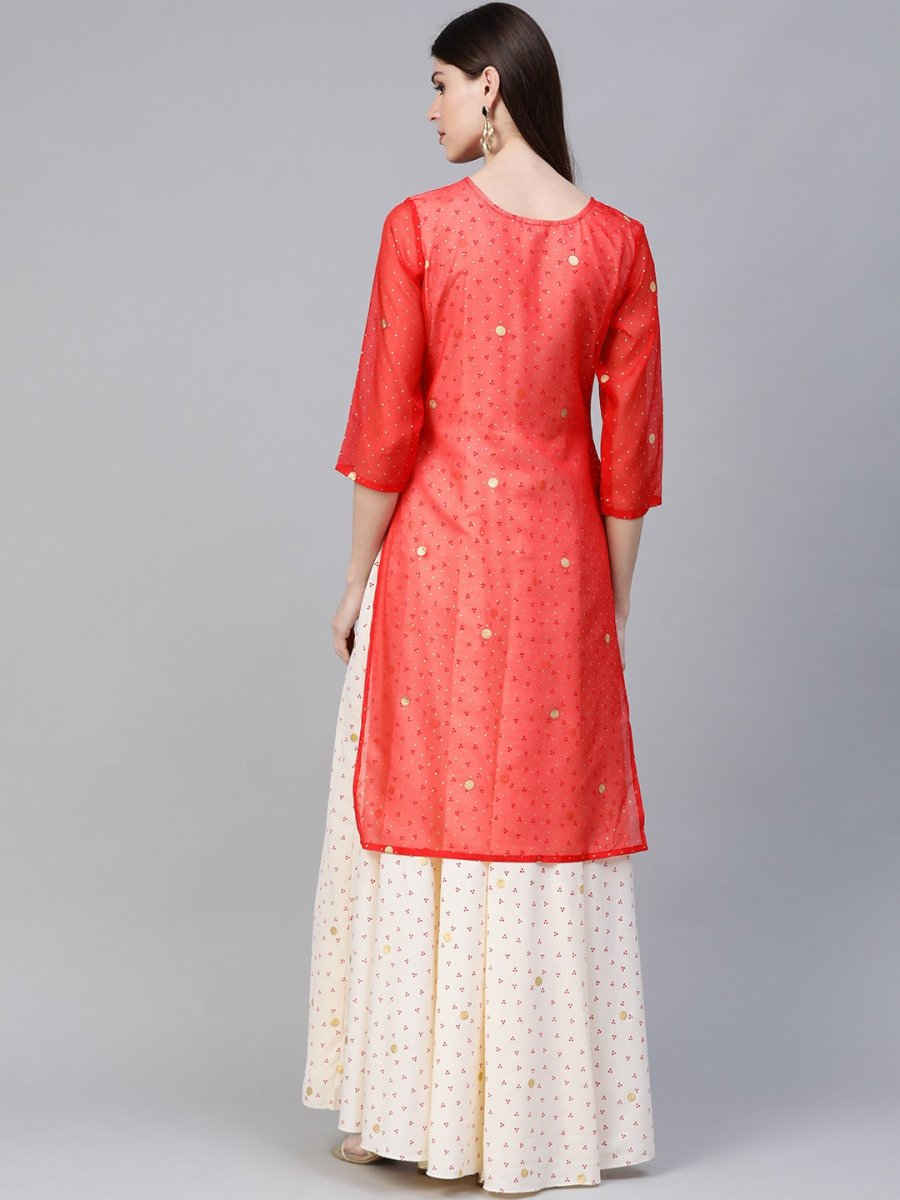 Ahalyaa Cream-Coloured & Red Bandhani Foil Printed Layered Beautiful Maxi Dress