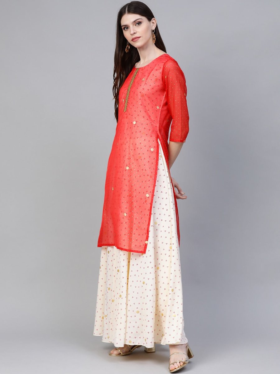 Ahalyaa Cream-Coloured & Red Bandhani Foil Printed Layered Beautiful Maxi Dress