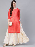 Ahalyaa Cream-Coloured & Red Bandhani Foil Printed Layered Beautiful Maxi Dress