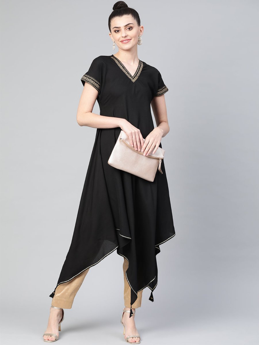 Ahalyaa Women Black Kimono Style Beautiful kurta