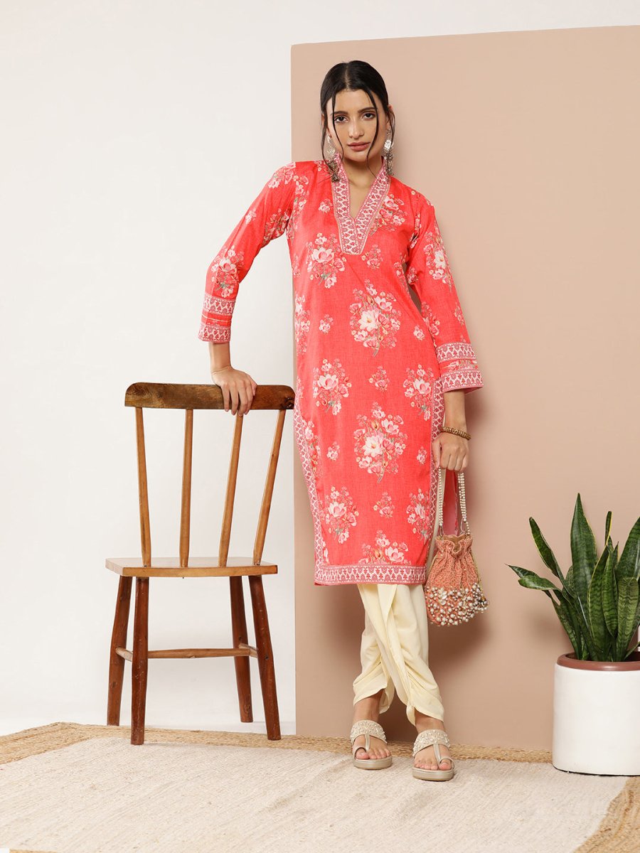Ahalyaa Women Red Floral Printed Gotta Patti Kurta with Dhoti Pants