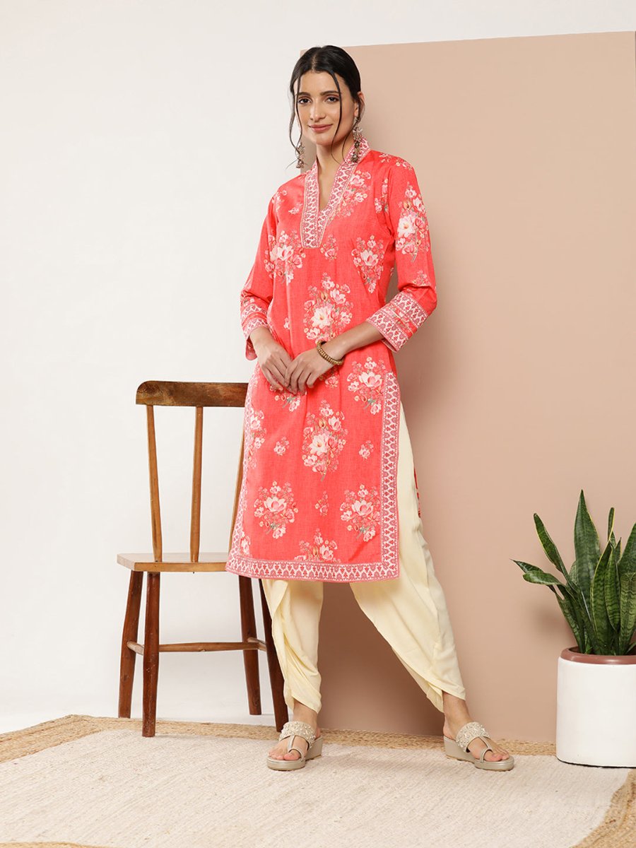 Ahalyaa Women Red Floral Printed Gotta Patti Kurta with Dhoti Pants