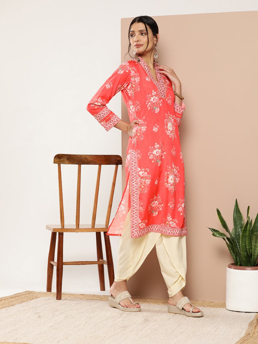 Ahalyaa Women Red Floral Printed Gotta Patti Kurta with Dhoti Pants