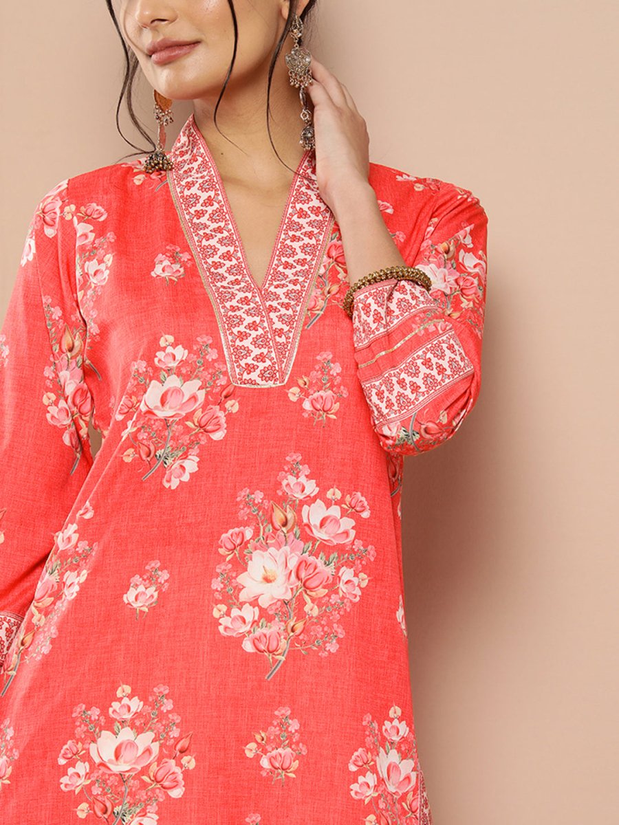 Ahalyaa Women Red Floral Printed Gotta Patti Kurta with Dhoti Pants