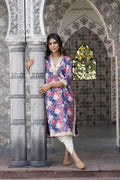 Ahalyaa Women Navy Blue Floral Printed Pleated Kurta with Dhoti Pants